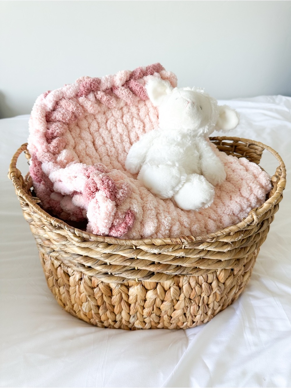 Handmade Chunky Hand-Knit Baby Blanket With Crochet Border
